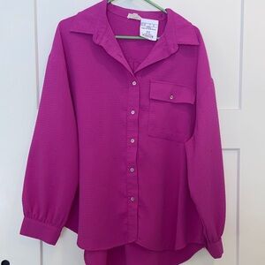 L entro Bright Pink Waffle-Knit Button-Up Blouse